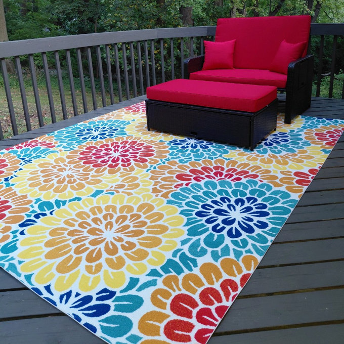 DECOMALL SUNSHINE Floral Outdoor Area Rug Yellow/Red/Blue